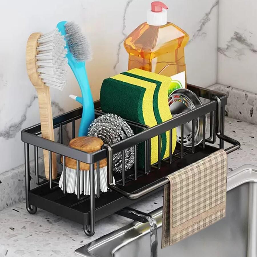 Ibenzoa Compacte en Praktische Keuken Gootsteenorganizer met Draaibare Mondstuk en Handdoekhouder Zwart