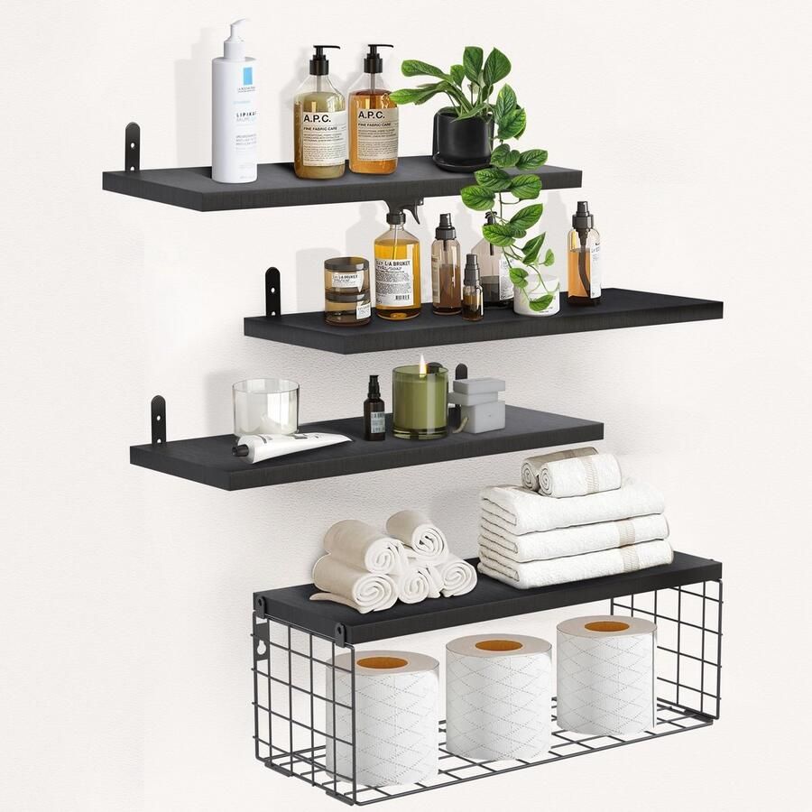 Ibenzoa Compleet Wandrek Set van 4 Zwarte Zelfmontage Planken met Draadmand – Multifunctioneel Opbergoplossing