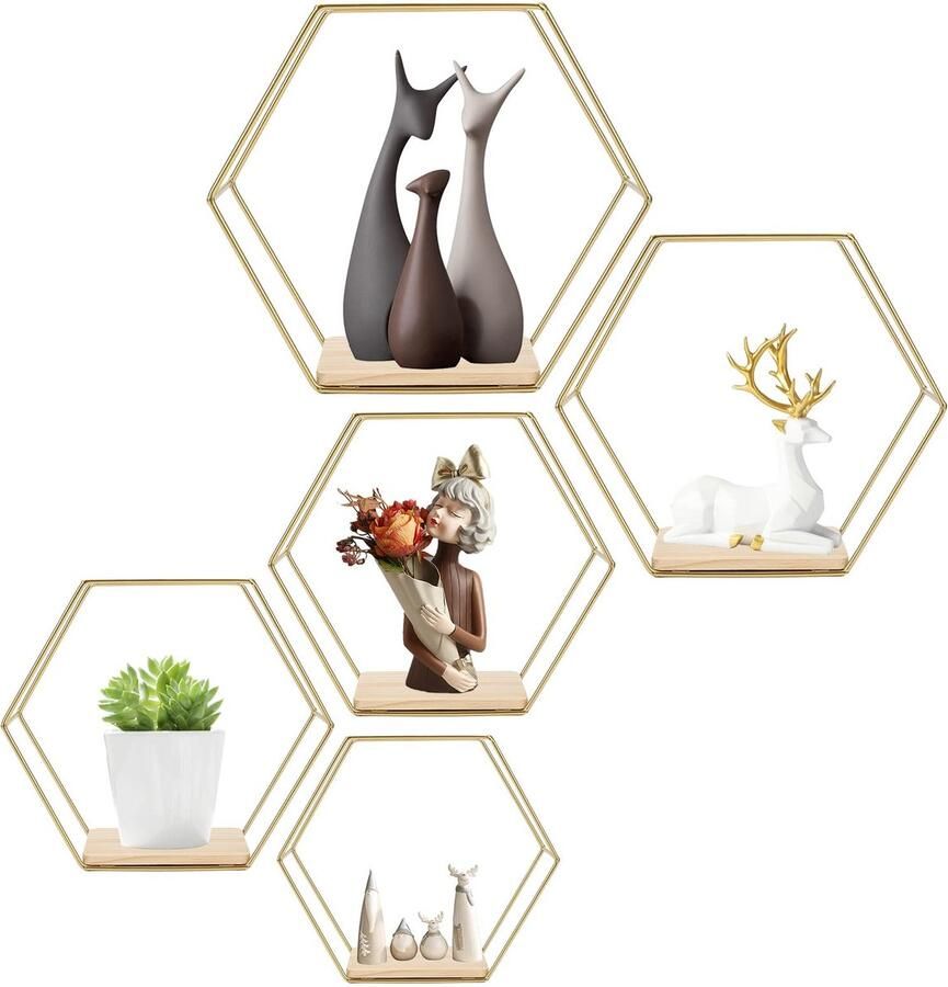 Ibenzoa Decoratief Zeshoekig Wandrek van Hout en Metaal voor Elke Kamer in Huis
