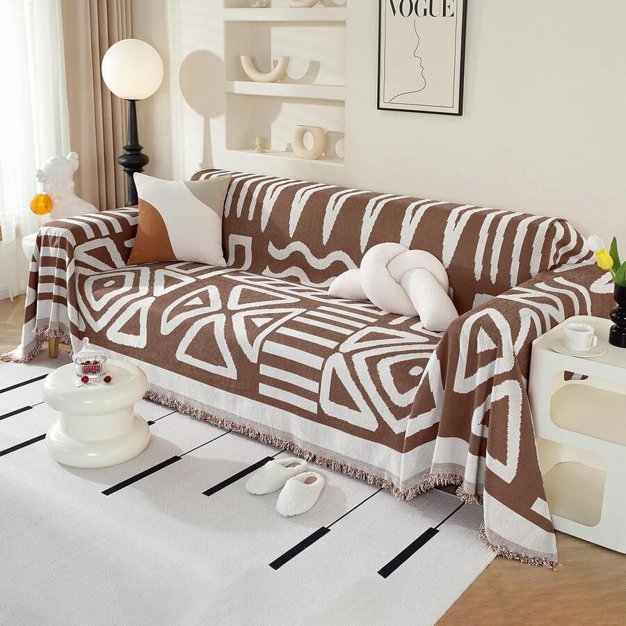 Ibenzoa Decoratieve Boho Chenille Bankhoes voor Verschillende Bankmaten met Elegante Kwastjes in Koffiekleur