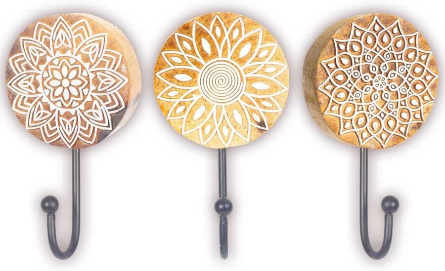 Ibenzoa Decoratieve Boho-Stijl Kapstokhaken Set van 3 met Handgesneden Mangohout en Metaal voor Toepassingen