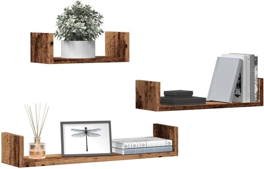 Ibenzoa Decoratieve Houten Wandplanken Set van 3 in Oud Hout Design voor Elke Kamer