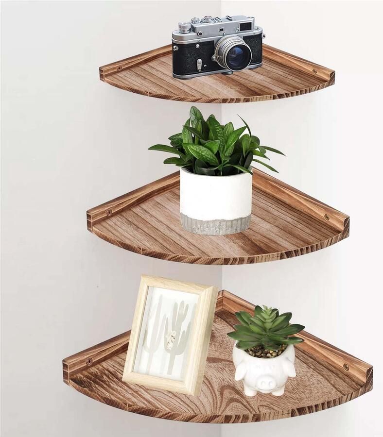 Set van 3 hangende hoekplanken houten wandplanken zwevende planken met ronde uiteinden vintage zwevende planken rustieke hoekplanken hangende planken decoratieve planken geschikt voor slaapkamers woonkamers badkamers en keukens