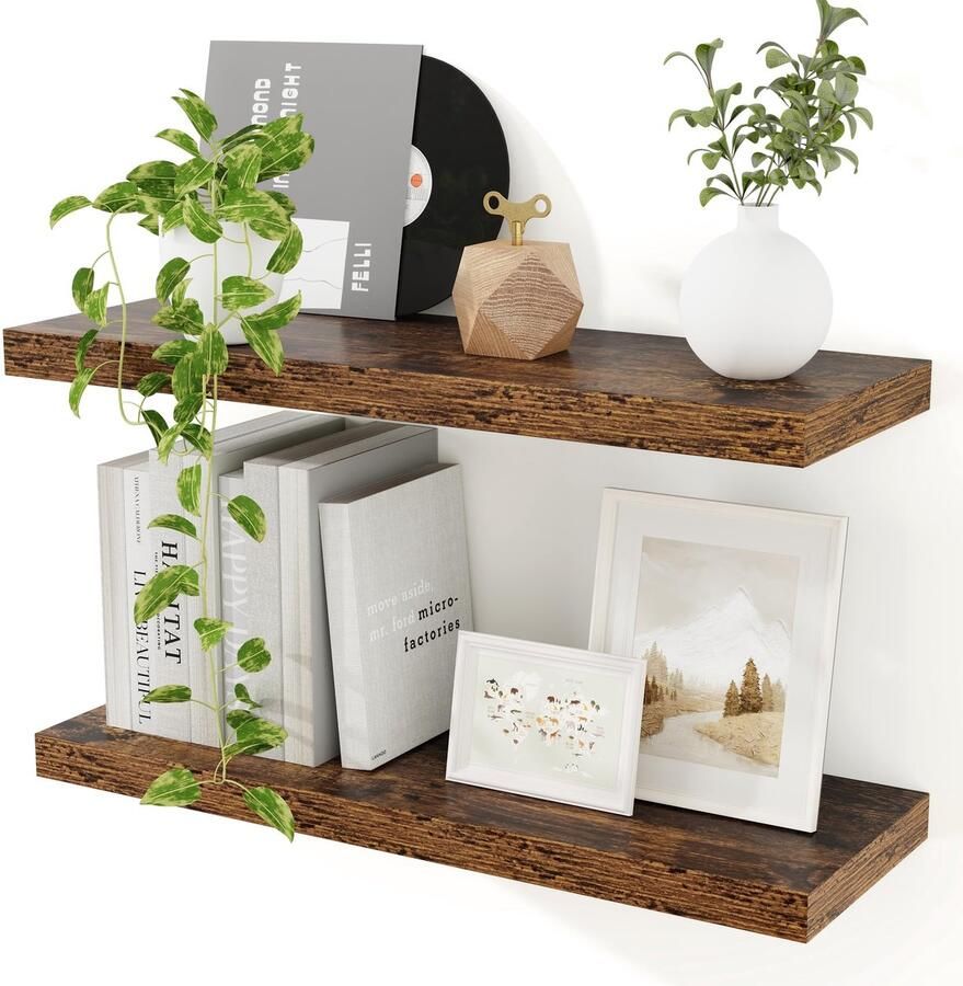 Ibenzoa Decoratieve Zwevende Wandplanken Set van 2 voor Kamers in Vintage Bruin MDF