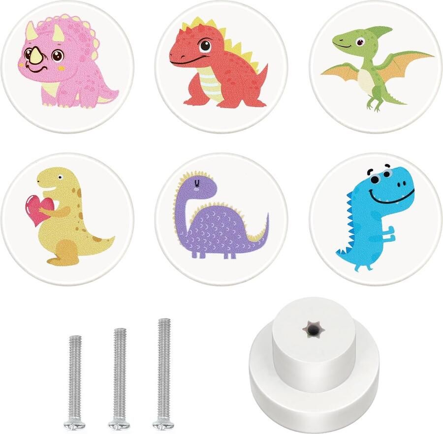 Ibenzoa Dinosaurier Schuifladegrepen voor Kinderkamers Set van 6 Houten Knoppen met Rond Design voor Kasten en Deuren