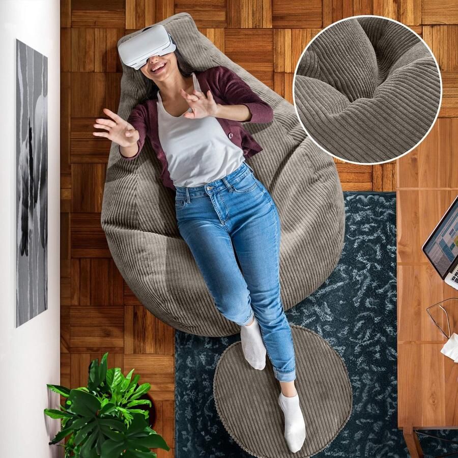 Ibenzoa Donkergrijze Corduroy Zitzak met Kruk voor Woonkamer en Slaapkamer Comfort voor Volwassenen