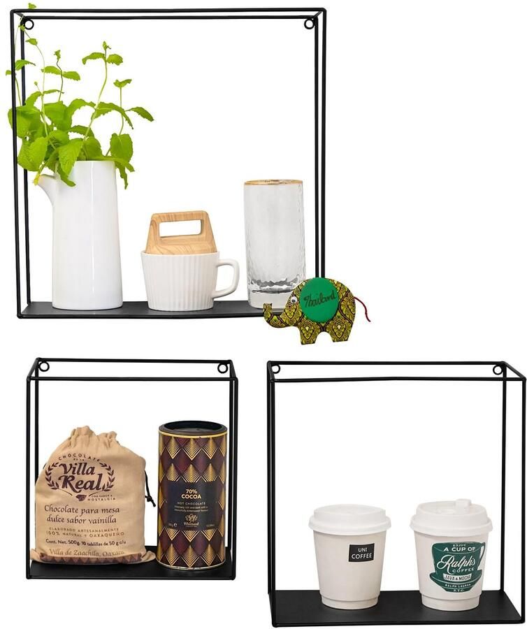 Ibenzoa Drie Delig Zwart Metaal Wandrek met Vaste Planken Industriële Stijl