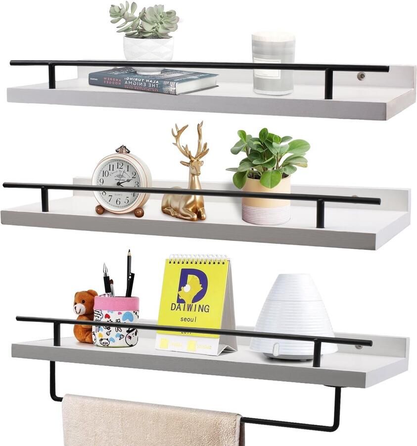 Ibenzoa Drie Delige Houten Wandplank met Handdoekhouder en Haken Wit 40cm