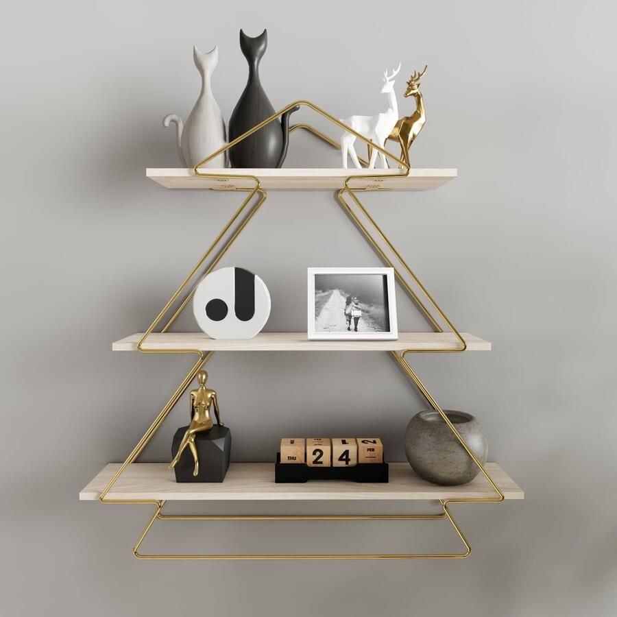Ibenzoa Drie-laags zwevende wandplank van hout en metaal voor veelzijdig gebruik in elke ruimte
