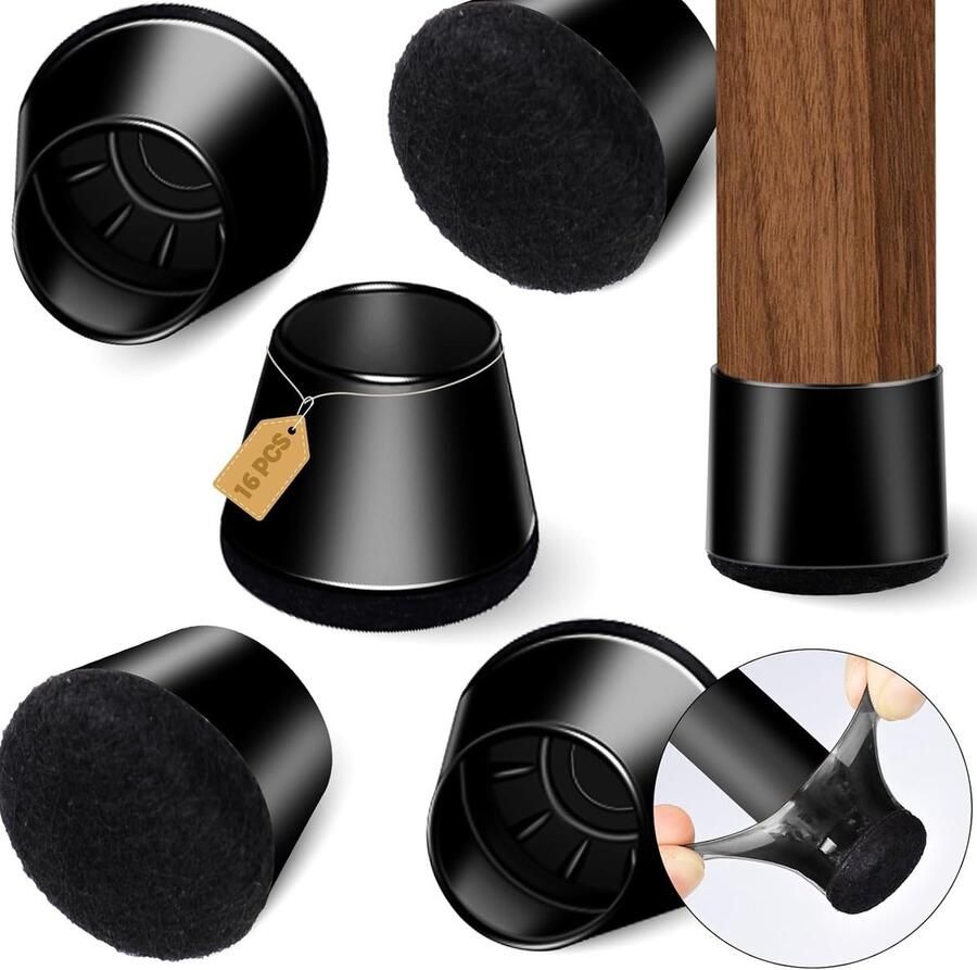 Ibenzoa Durable Silicone Chair Legs Protectors with Soft Felt Padding Pack of 16 Black 30mm 36mm Diameter