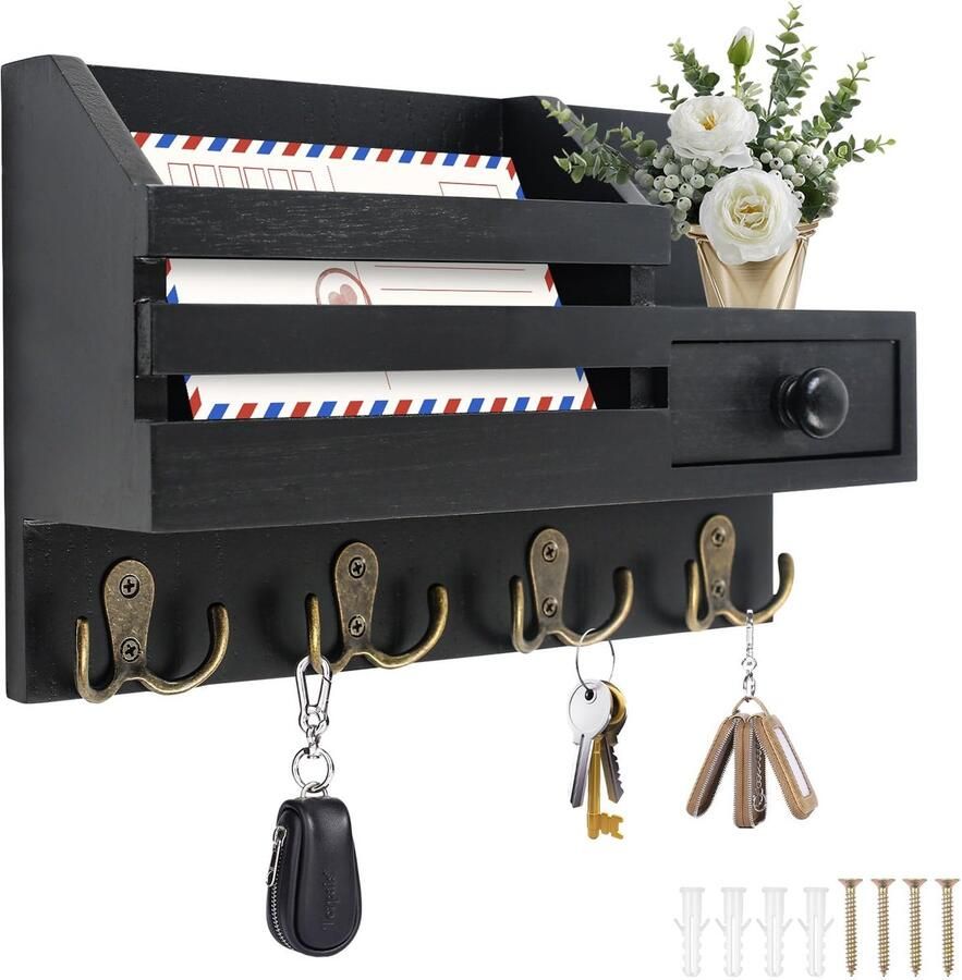 Ibenzoa Duurzame Houten Sleutelhouder met Vier Dubbele Haken Stijlvol Wandorganizer voor Thuis