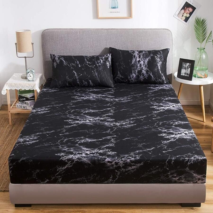 Ibenzoa Elegant Damastpatroon Hoeslaken in Zwart-Wit Marmer Design Geschikt voor 30 cm Matrassen