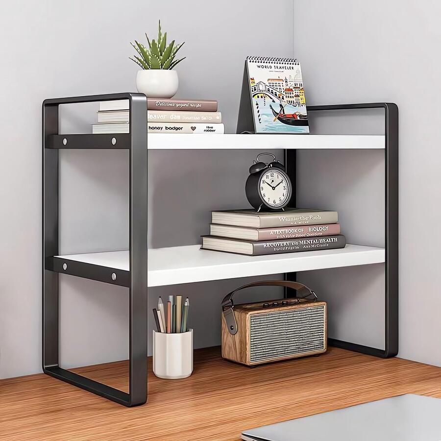 Ibenzoa Elegant houten bureau-organizer met meertraps opbergruimte in zwart-wit