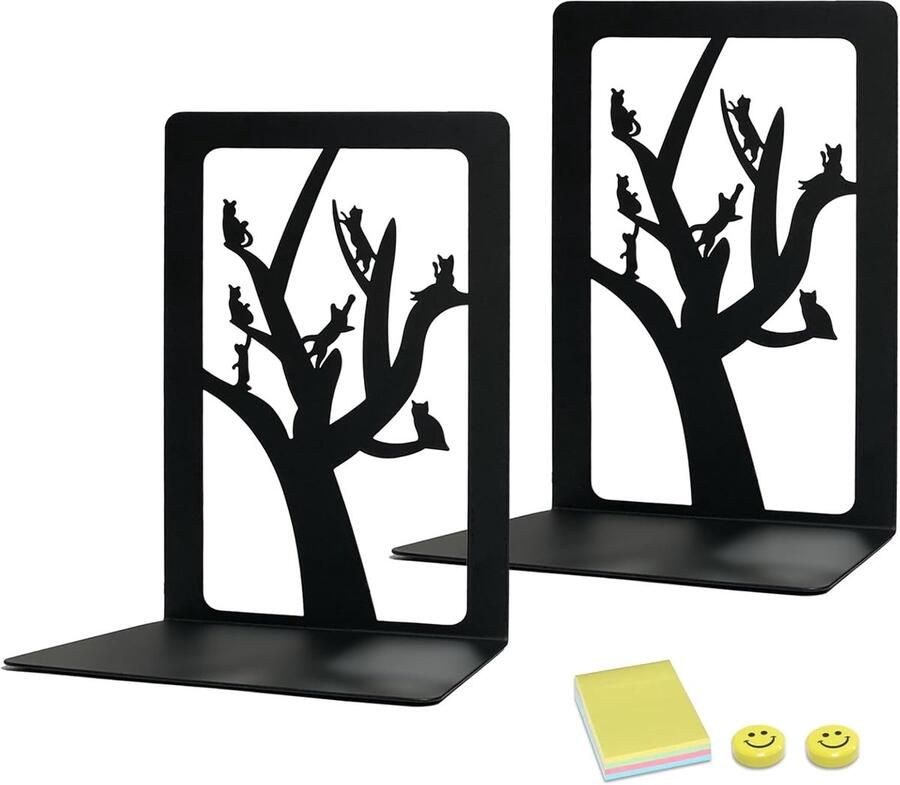 Ibenzoa Elegant Metalen Boekensteunen – Unieke Boom en Kat Design voor Bibliotheek en Werkplek