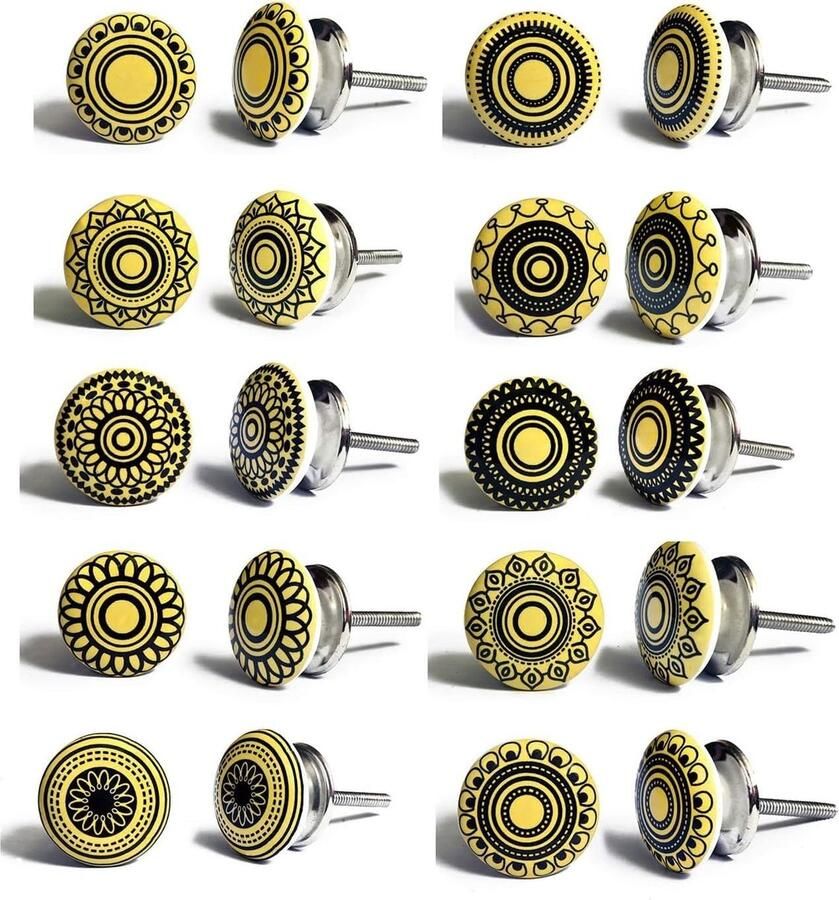 Ibenzoa Elegante Set van 10 Handgeschilderde Mosterdgele Keramische Kastknoppen met Unieke Ontwerpen