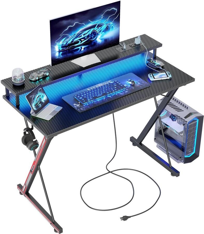 Ibenzoa Ergonomisch gaming bureau met LED-verlichting en ingebouwde stekkerdoos