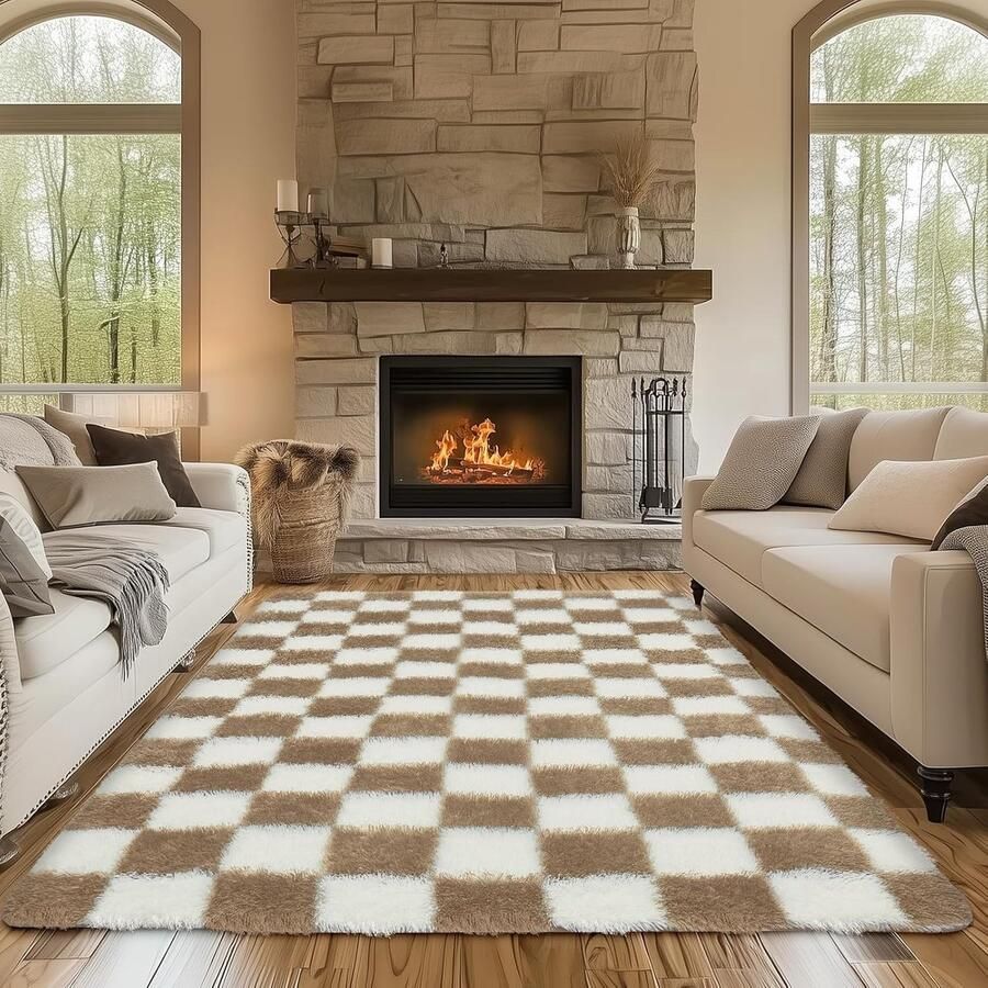 Ibenzoa Extra Groot Pluizig Shaggy Tapijt in Beige-Wit Schaakbordpatroon 160 x 230 cm Wasbaar en Antislip voor Woonkamer en Slaapkamer