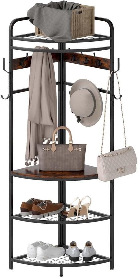 Ibenzoa Garderobestandaard voor Hoek met 11 Haken en Verstelbare Planken voor Optimaal Gebruik van Ruimte