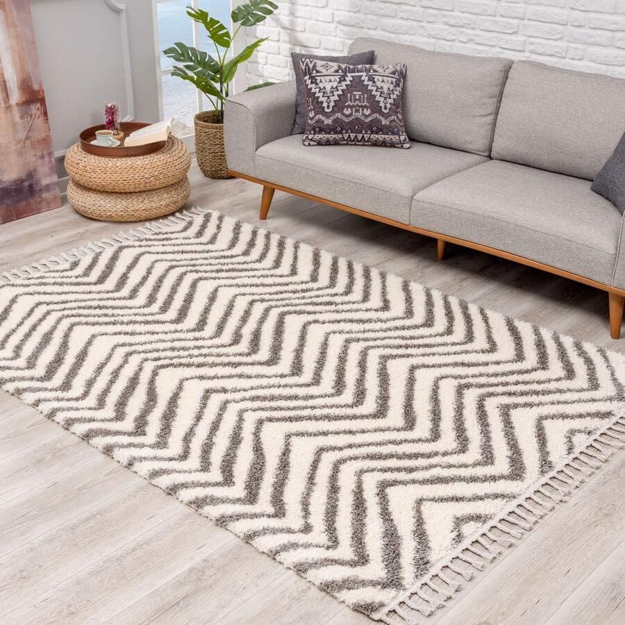 Ibenzoa Gedetailleerd Etnisch Chevron Vloerkleed – Crème 80 x 300 cm met Franjes