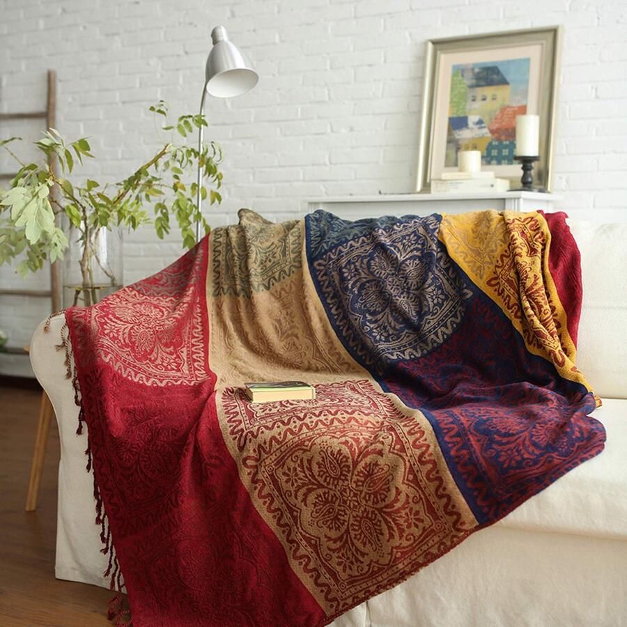 Ibenzoa Grote Chenille Dekens met Tribal Folk Patroon 220x250cm Zacht en Warm Textiel voor Bank Fauteuil en Picknick