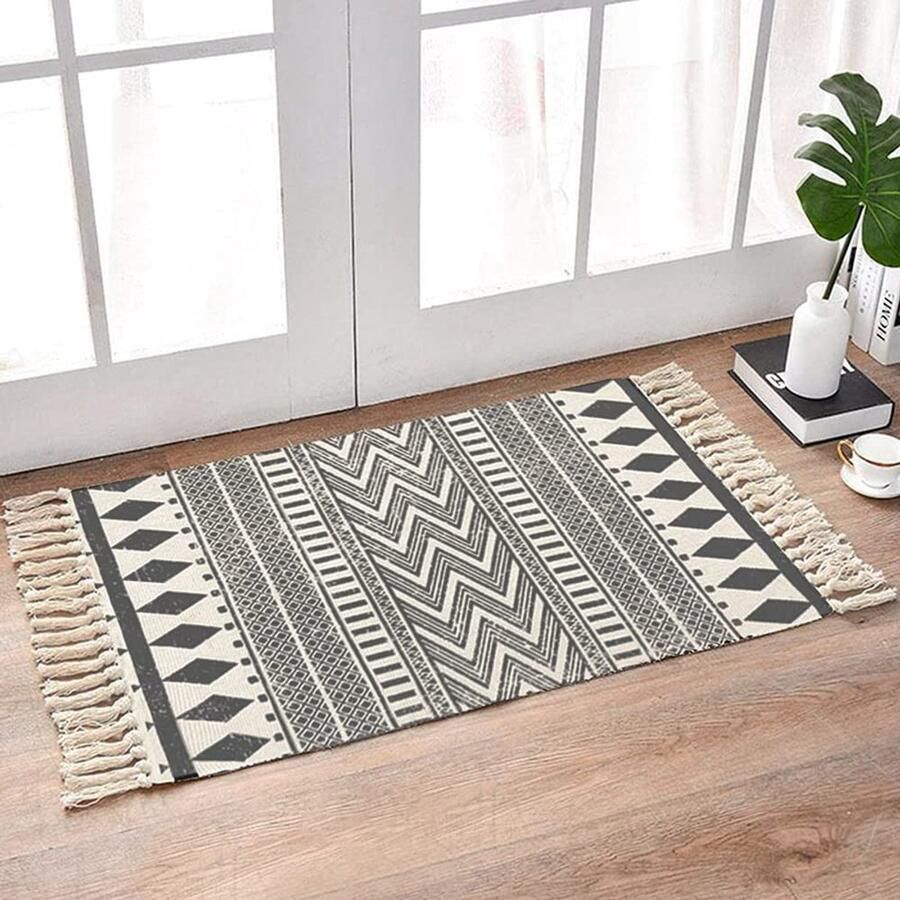 Ibenzoa Grote Katoenen Tapijtloper met Handgeknoopte Kwastjes 60x90cm Multifunctioneel en Stijlvol