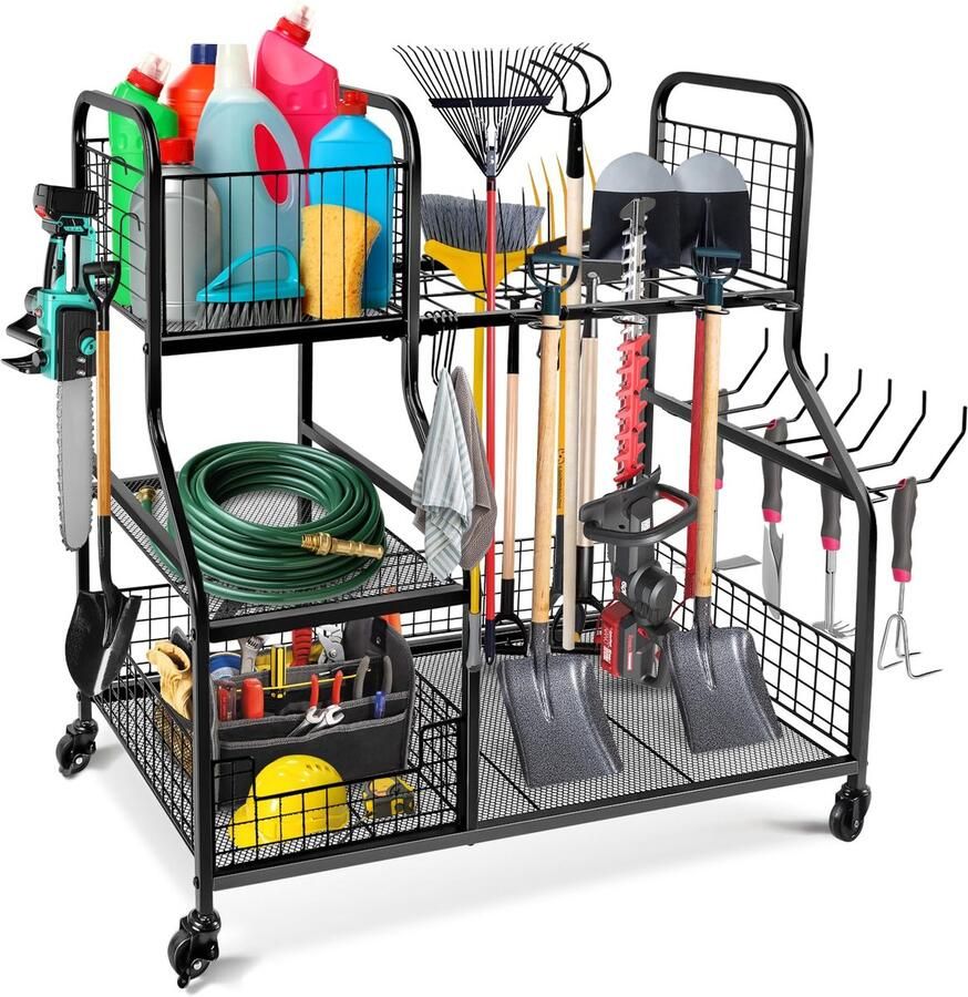 Ibenzoa Grote verrijdbare opbergrek voor tuingereedschap met haken en planken