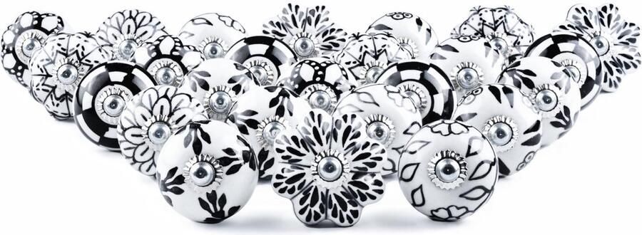 Ibenzoa Handbeschilderde zwart-witte keramische meubelknoppen set van 25 stuks met antiek bloemenontwerp