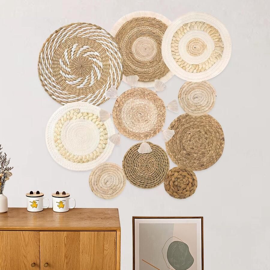 Ibenzoa Handgemaakte Boho Wanddecoratie Set van 10 Stuks Ronde Geweven Wandkorven voor Slaapkamer en Woonkamer