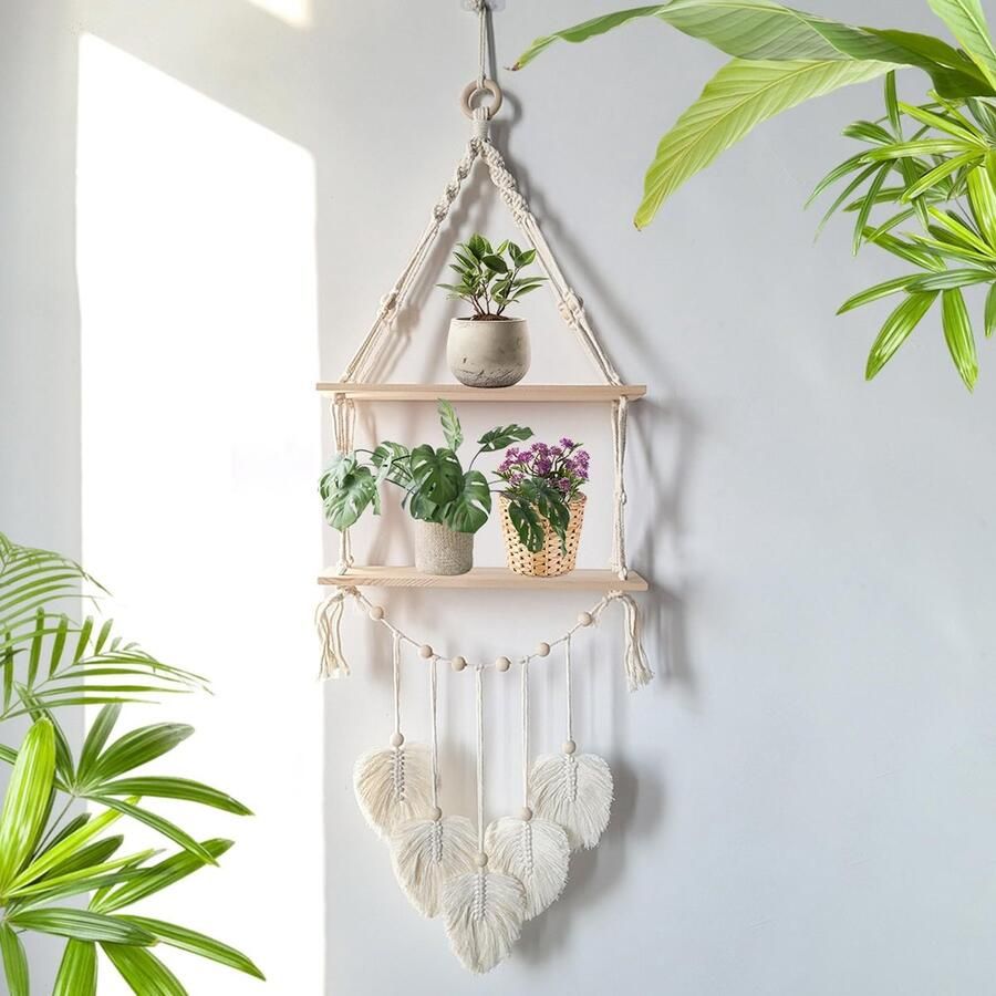 Ibenzoa Handgemaakte Houten Wandplank met Macramé Ophangsysteem en Decoratieve Kwasten voor Ruimtes