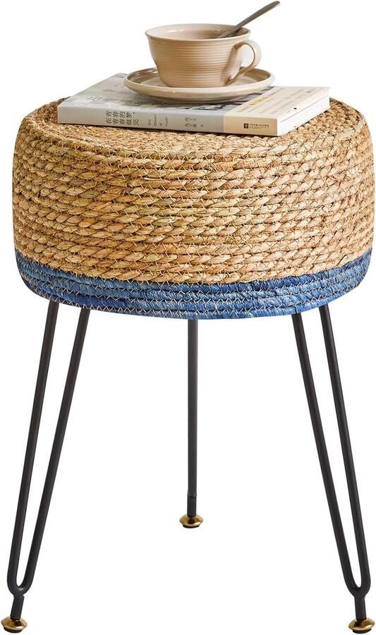 Ibenzoa Handgevoegde Zeegras Kruk met Robuuste Metalen Onderstel Unieke Decoratie