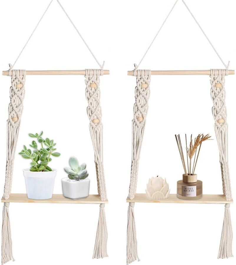 Ibenzoa Handgeweven Boho Wandrek Set van 2 met Natuurlijke Houten Planken en Katoenen Touw