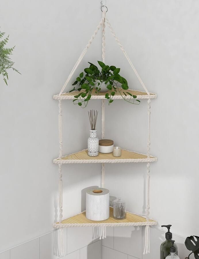 Ibenzoa Hangrek houten hoekplank wit wandplank boho macramé wandbehang plank wanddecoratie zwevend rek plantenstandaard voor keuken slaapkamer woonkamer 3 dieren