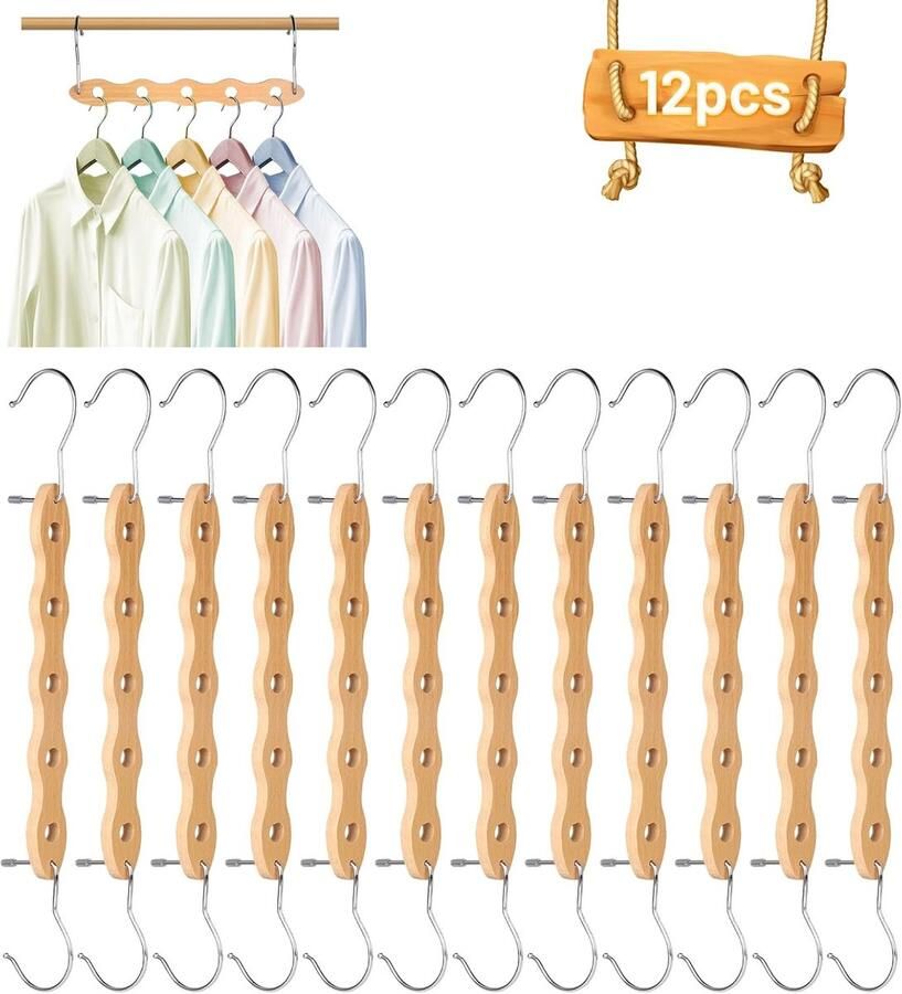 Ruimtebesparende Houten Kledinghangers Set van 12 Multifunctionele Organisator voor Kledingkasten