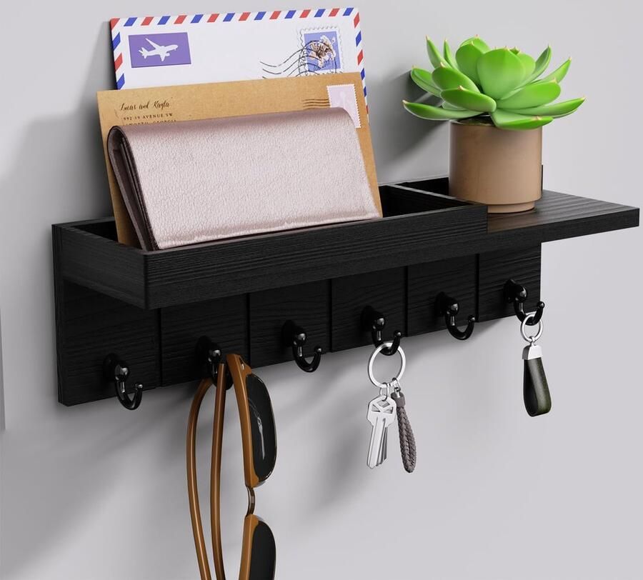 Ibenzoa Houten Muurbeugel met 6 Haken Multifunctionele Opbergoplossing voor Hal en Kantoor