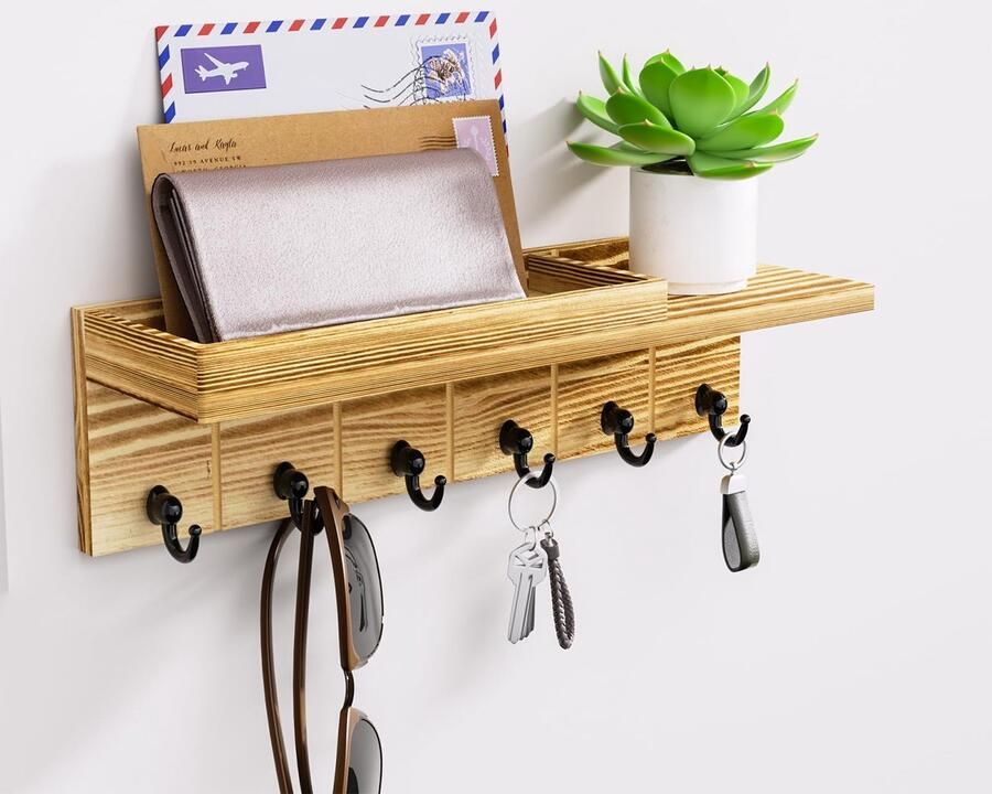 Ibenzoa Houten Sleutelrek met Muurbeugel – Multifunctionele Opbergoplossing voor Hal en Kantoor