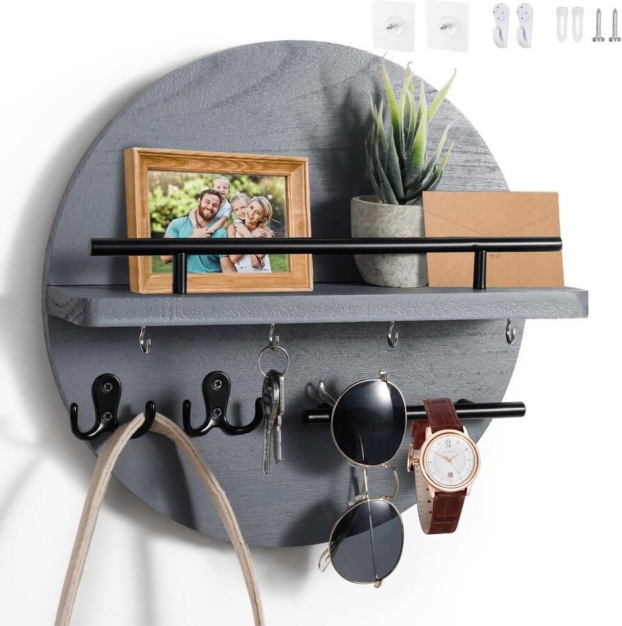 Ibenzoa Houten Sleutelrek Vintage Design met Ronde Sleutelhouder – Rustieke Wanddecoratie