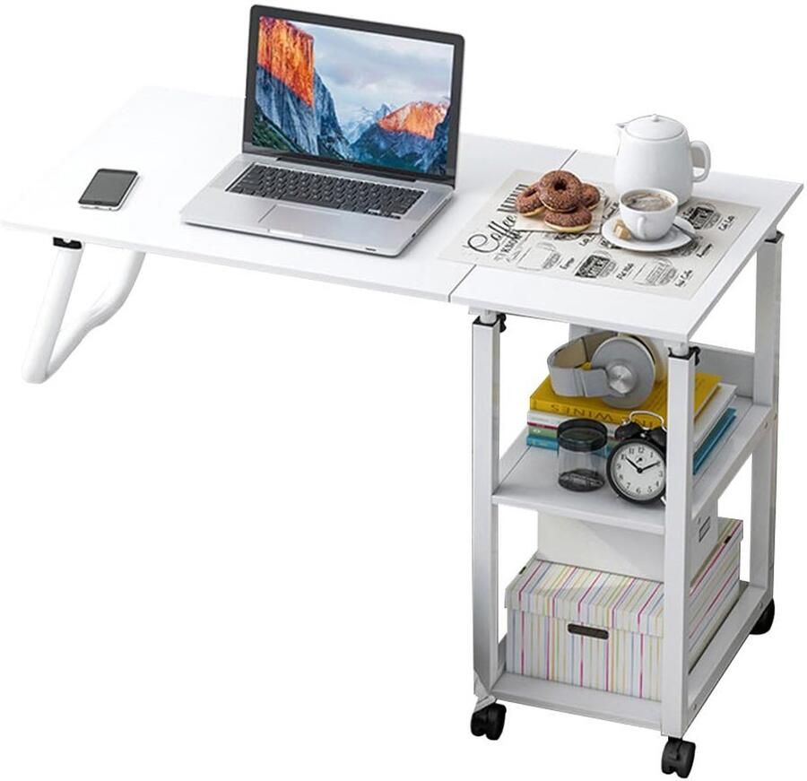 Ibenzoa In hoogte verstelbare multifunctionele bijzettafel met opbergruimte en wielen voor werk en ontspanning