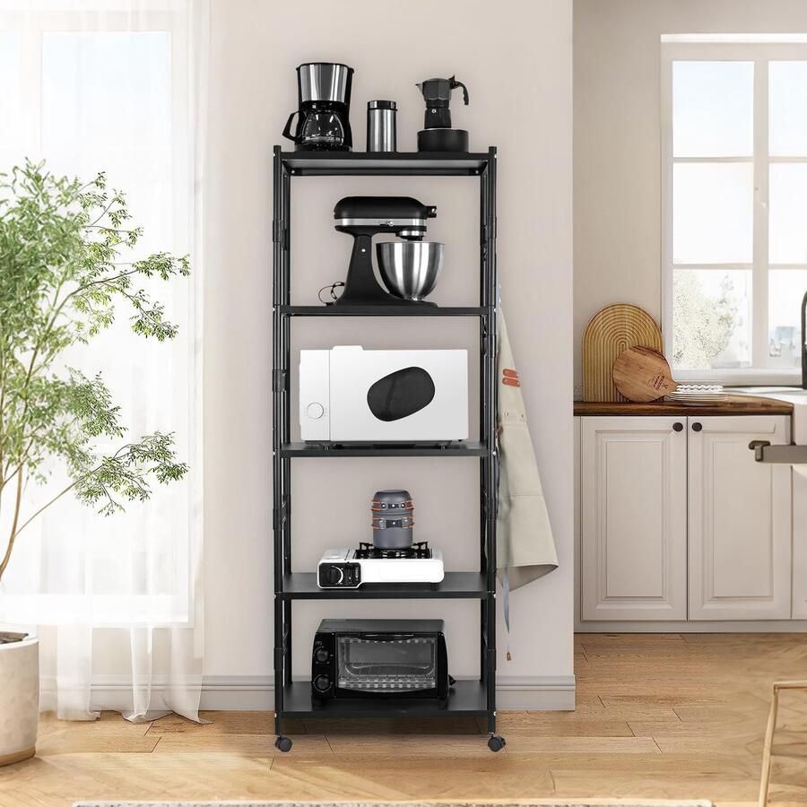 Ibenzoa Industrieel Vrijstaand Keukenrek met 5 Verstelbare Planken en Wielen voor Multifunctioneel Gebruik