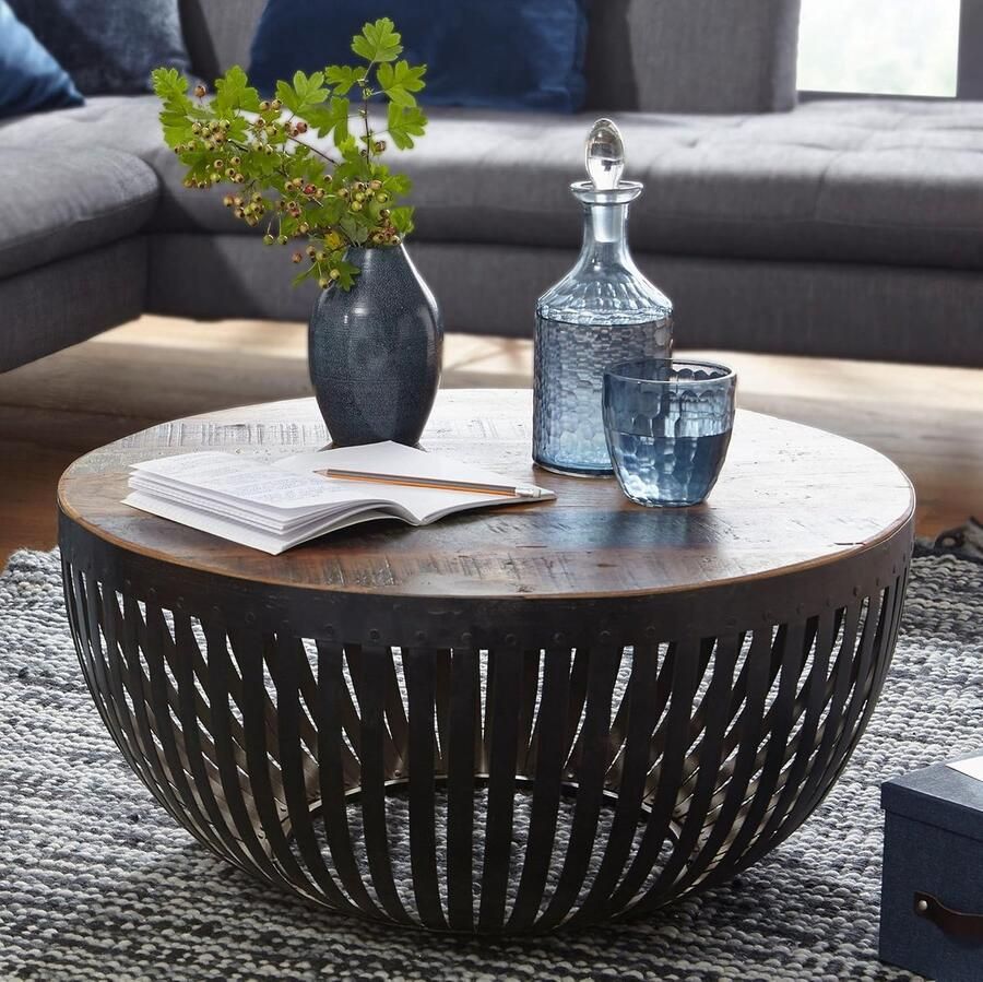 Ibenzoa Industriële Houten en Metalen Koffietafel met Wire Mesh Elementen 70 x 33 x 70 cm
