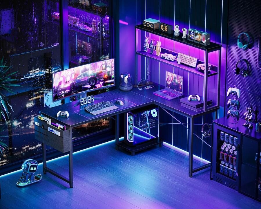 Ibenzoa Innovatief L-vormig bureau met LED-verlichting en geïntegreerde stroomvoorziening