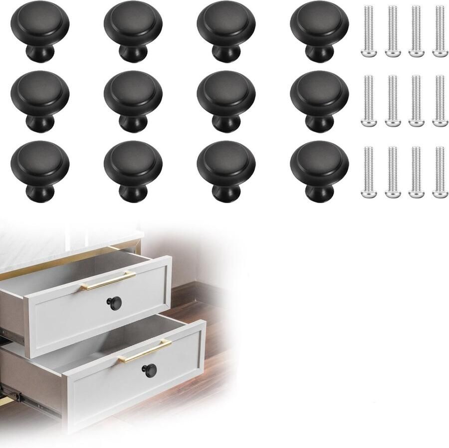 Ibenzoa Kastknoppen Set van 12 met M4-schroeven Zwarte Ladeknoppen van 30 mm voor Keuken en Meubels