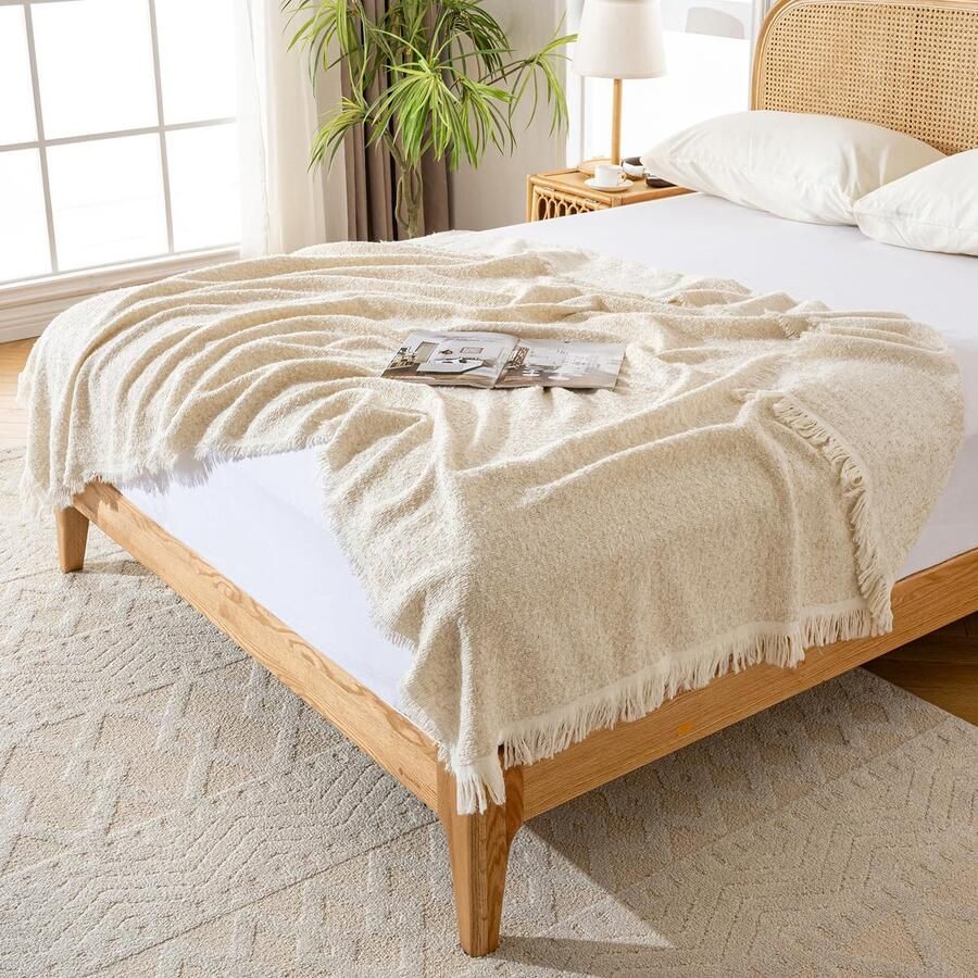 Ibenzoa Katoenen en Microvezel Deken voor Comfortabel Gebruik op Bank Bed en Reizen in Crèmekleur