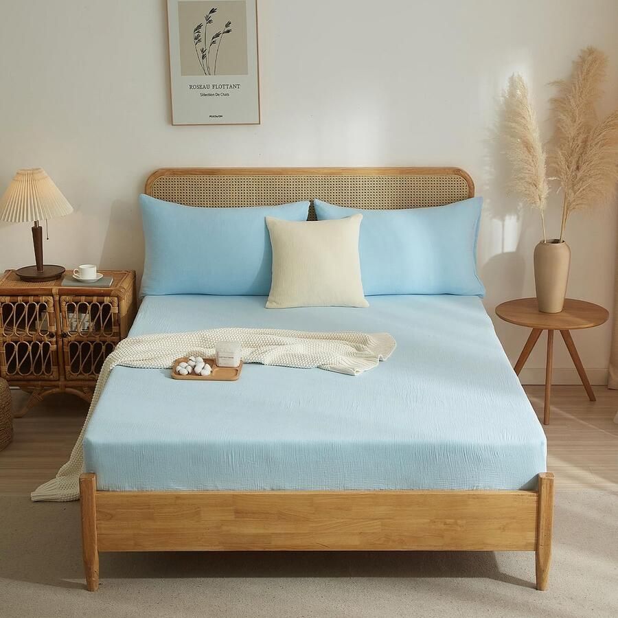 Ibenzoa Katoenen Muslin Hoeslaken voor Boxspringbedden Lichtblauw 160 x 200 cm Zacht en Ademend voor Hoge Matrassen