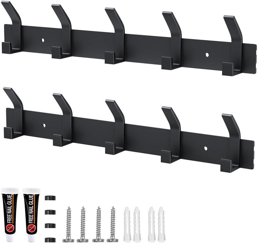 Ibenzoa Kledinghaken voor aan de muur met 5 haken per stuk set van 2 stuks mat zwarte afwerking