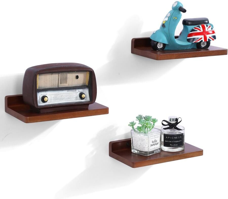 Ibenzoa Kleine Zwevende Wandplanken Set van 3 voor Ruimtes Walnoot Afwerking