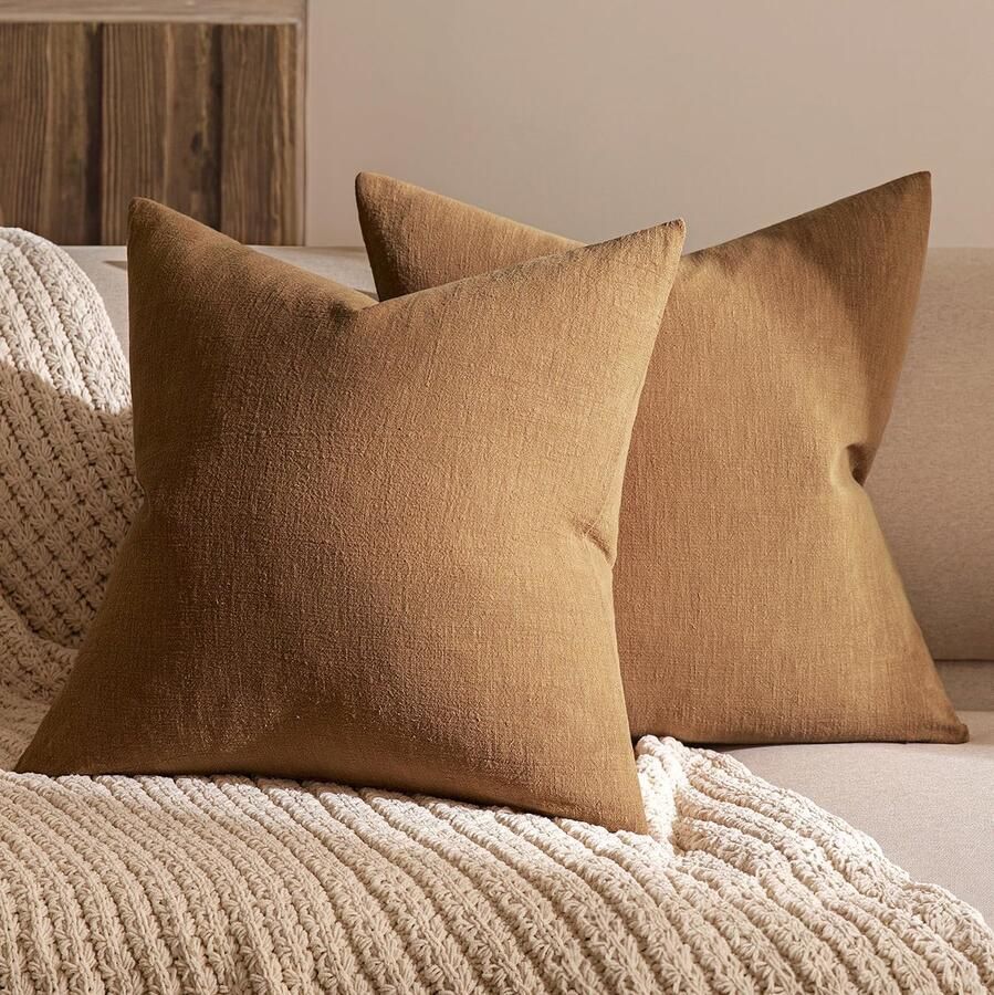 Ibenzoa Kussensloop Set van 2 voor Bank en Slaapkamer met Verborgen Ritssluiting in Bruin Linnen 50x50 cm