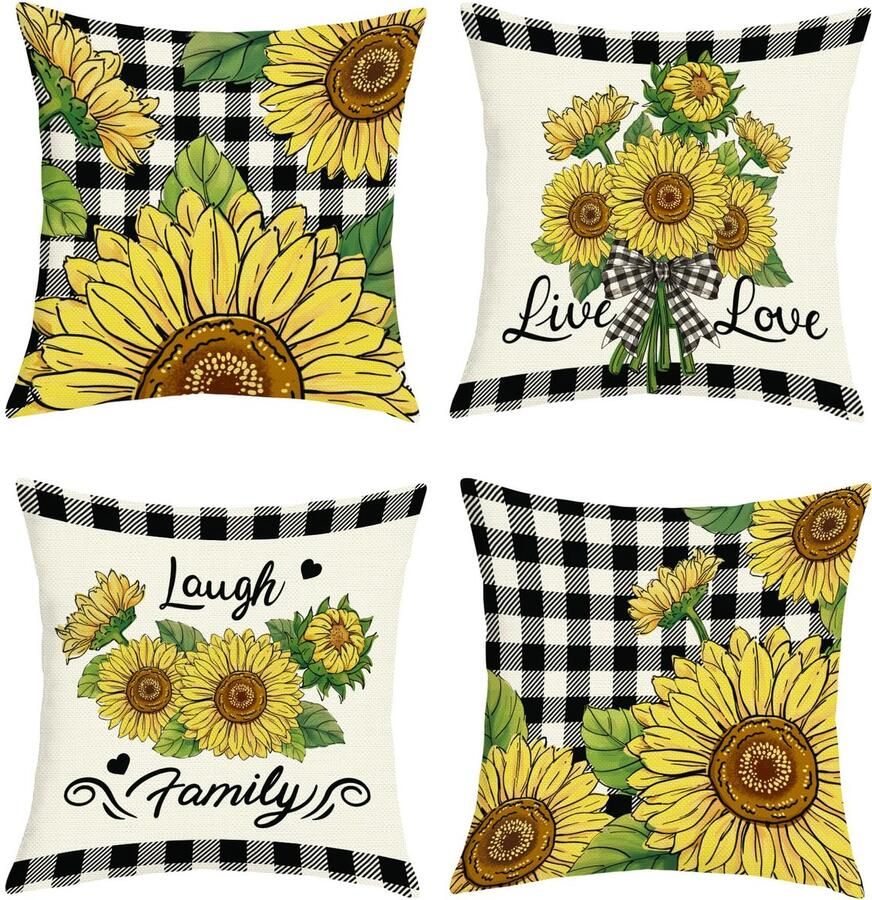 Ibenzoa Kussenslopen Set van 4 Stuks met Zonnebloemontwerp voor Bank Slaapkamer en Woonkamer Decoratie