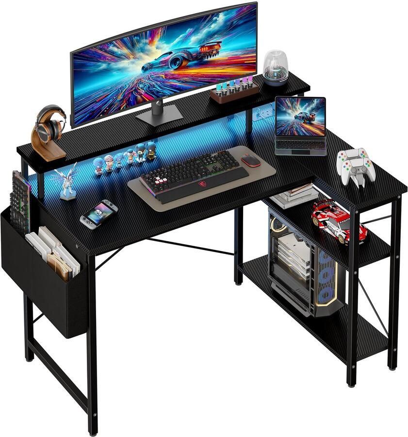 Ibenzoa L-vormige computertafel met geïntegreerde LED-verlichting USB-aansluitingen en monitorstandaard voor thuiswerk