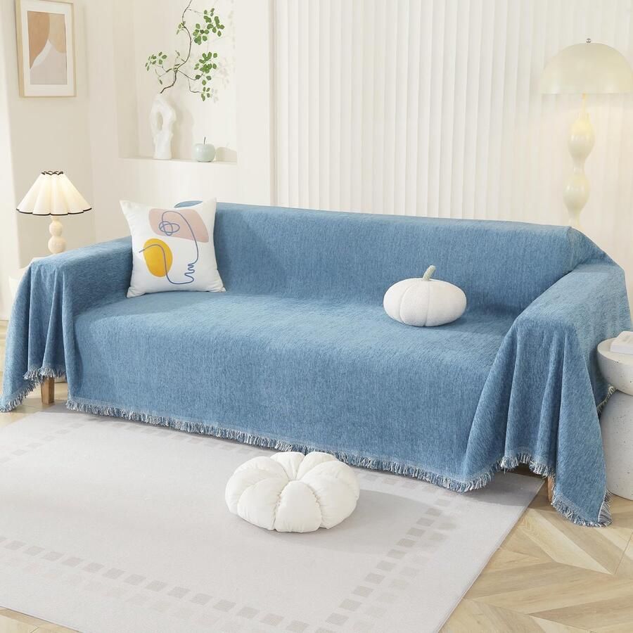 Ibenzoa Luxueuze Boho Chenille Bankhoes voor 2-3-4-Zits L-Vormige Banken met Kwastjes in Saffierblauw 180 x 340 cm