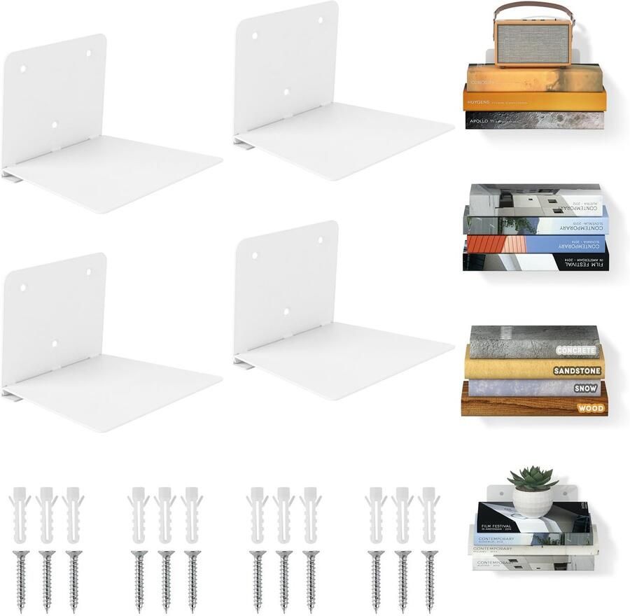 Ibenzoa Moderne Wit Metalen Zwevende Boekenplanken Set van 4 voor Slaapkamer en Kantoor